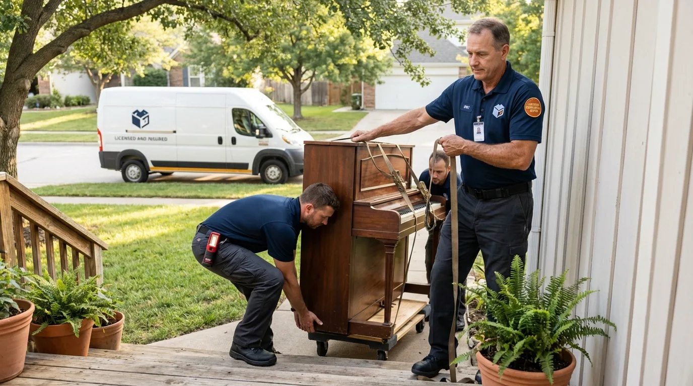 Licensed piano movers securing grand piano in Neosho, MO