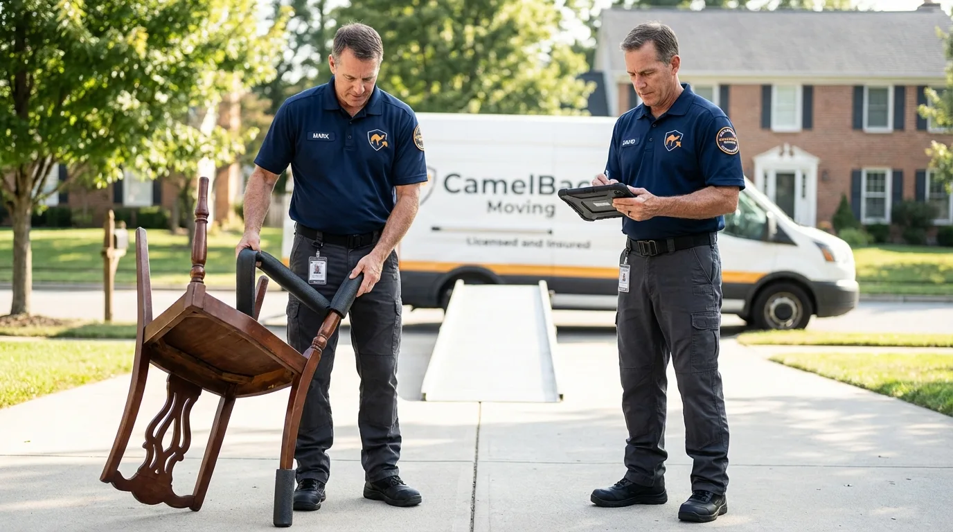 Movers inspecting furniture for damage prevention before loading in Neosho, MO