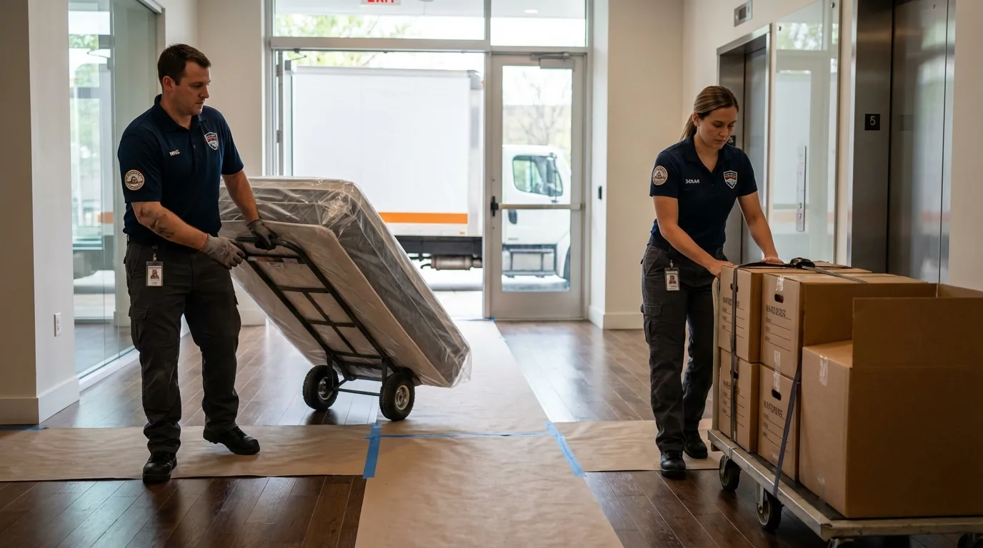 Professional apartment movers loading elevator in Neosho, MO